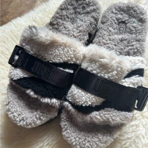 UGG Fluffita Black and Cream Fuzzy Slippers
